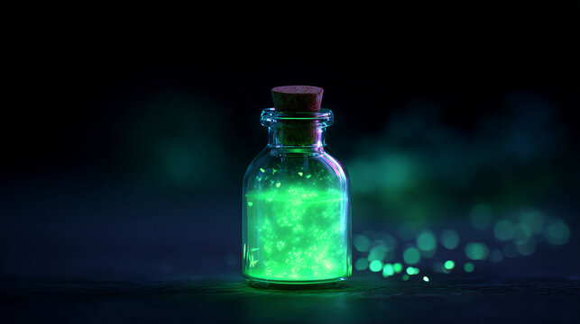 glowing green potion bottle with sparkling liquid, fantasy magic elixir illustration for Halloween, witchcraft, and mystical design
