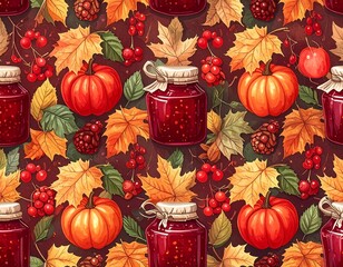 Autumnal pattern with pumpkins, leaves, and jam jars