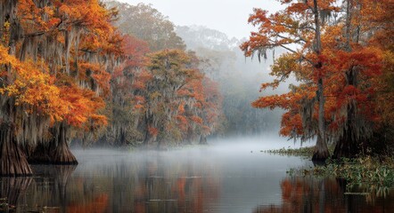 Fototapeta premium Misty Autumn in Atchafalaya: Enchanting Bayou Foliage and Serene Moods of Louisiana, USA