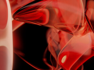 Abstract red glass formations with smooth, reflective surfaces creating dynamic shapes.