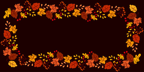 Autumn Frame, Fall Leaves Frame, Decorative Autumn Border, Hand Drawn Frame with Leaf and Berries, Vector