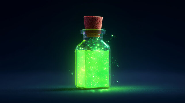 glowing green potion bottle with sparkling liquid, fantasy magic elixir illustration for Halloween, witchcraft, and mystical design