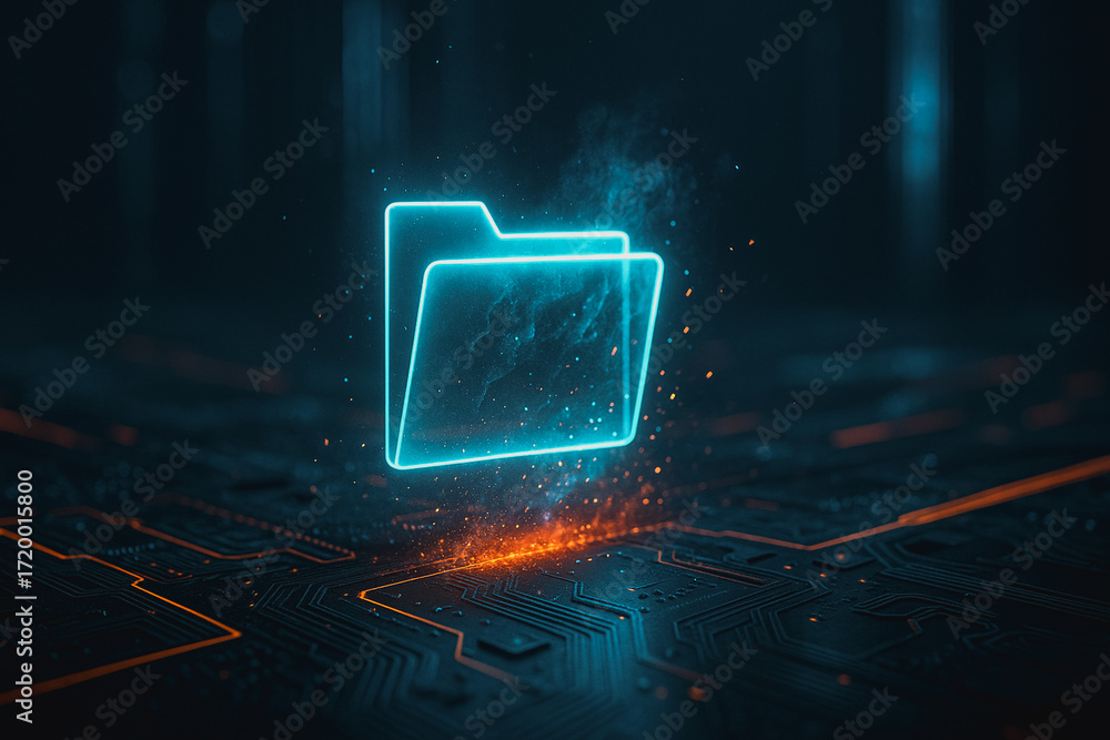 Poster an illuminated digital folder representing data organization glows against a tech-inspired backdrop,