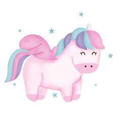 A pink unicorn with a blue and purple mane and tail