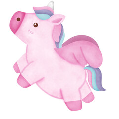 A pink unicorn with a blue and purple tail