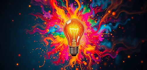 Lightbulb explosion, vibrant colors, swirling thoughts, invention, creativity