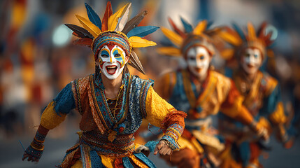 Traditional folk dance performance at the MassKara Festival in Bacolod, Philippines. Dancers in bright costumes and smiling masks moving rhythmically to local music.