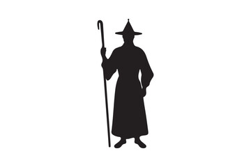 Silhouette of a wizard holding a staff and wearing a pointed hat