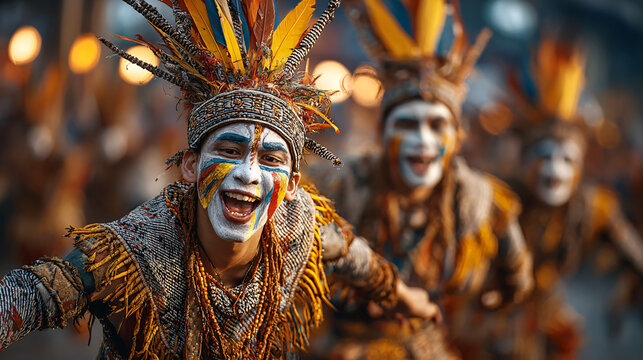 Traditional folk dance performance at the MassKara Festival in Bacolod, Philippines. Dancers in bright costumes and smiling masks moving rhythmically to local music.