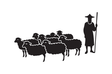 Silhouette of a shepherd guiding a flock of sheep