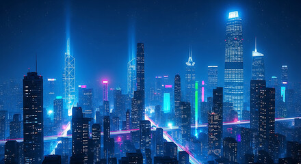 Obraz premium Nighttime skyline of a futuristic city with neon lights and streaks of light from moving vehicles.