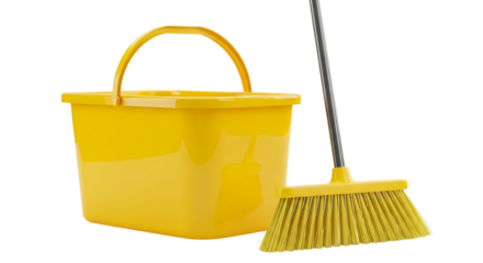 Yellow bucket and broom isolated on transparent background, perfect for cleaning tasks, household chores, and maintaining cleanliness in homes, offices, and commercial spaces, ensuring a tidy and hygi