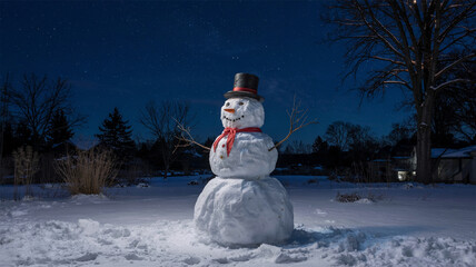 Obraz premium A snowman in the snowy yard stands alone after dark