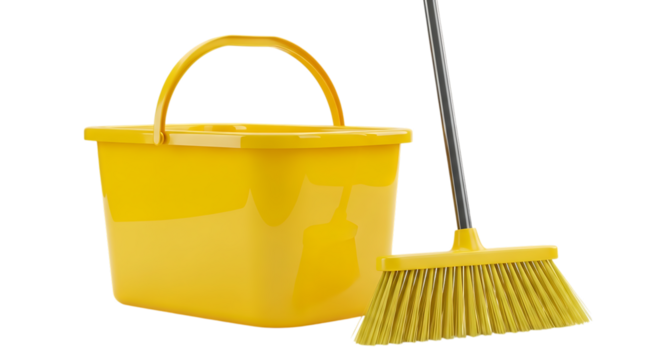 Yellow bucket and broom isolated on transparent background, perfect for cleaning tasks, household chores, and maintaining cleanliness in homes, offices, and commercial spaces, ensuring a tidy and hygi - Powered by Adobe
