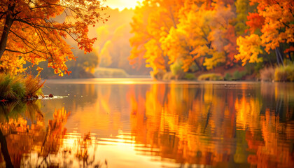 Autumn Landscape: Golden Trees Reflecting in Calm Lake at Sunrise
