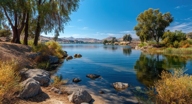 Serene View of Perris: Autumn Landscape by the Lake, Blue Skies Reflected in Tranquil Waters Surrounded by Trees and Forests