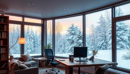 Cozy winter office scene, large window showing snowy landscape,  white,  light