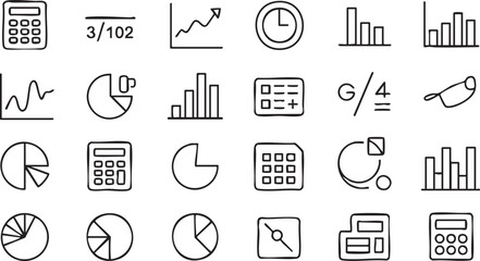 Math and calculator outline icons set, pie chart, bar graph, fractions, statistics, and equations vector illustration for education, finance, data analysis, school learning, and business design projec