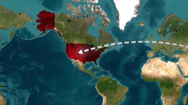 China to USA Route Animation,Key Air/Sea Lanes on the China to USA Animation Route,A schematic video clip of a moving airplane on a map illustrating a flight from the USA to China in an arc.