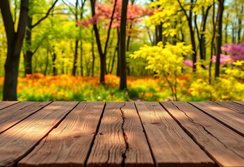 Rustic wooden table against vibrant spring forest backdrop,  peaceful,  fresh
