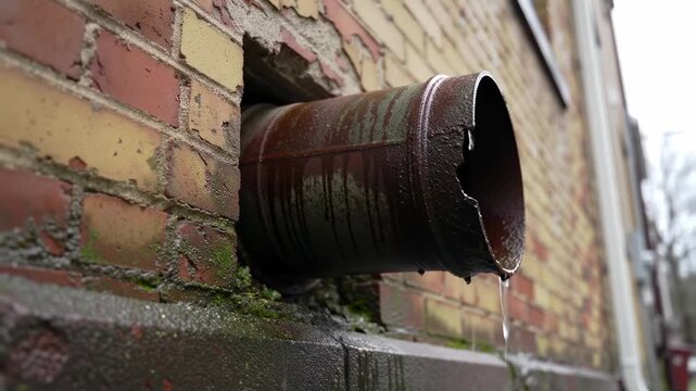 Leaking rusty pipe on a brick wall