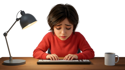 Animated Girl Typing on Keyboard with Sad Expression and Desk Lamp Light graphic design transparent background isolated on a transparent background