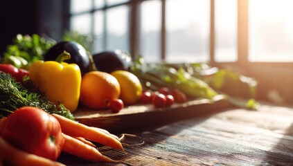 A vibrant display of fresh produce, showcasing a variety of colorful vegetables and fruits arranged attractively on a rustic wooden surface, bathed in warm sunlight streaming through a window.