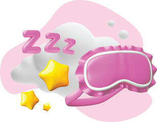 Pink blindfold with stars vector 3D plastic style, women eyes face mask sleepwear accessory in the sky, stars and clouds
