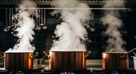 Three copper pots on a gas stove are steaming with kitchen utensils hanging in the background.