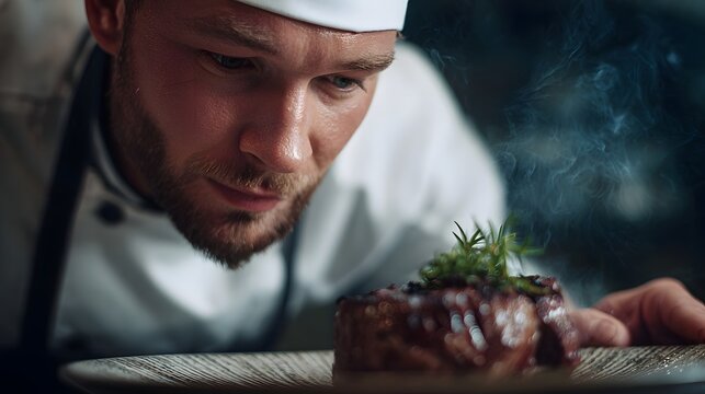 A focused chef inspects a perfectly cooked steak savoring its aroma in a professional kitchen setting