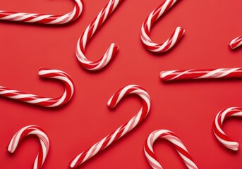Scattered Christmas Candy Canes Creating a Festive Pattern on a Bold Red Background.