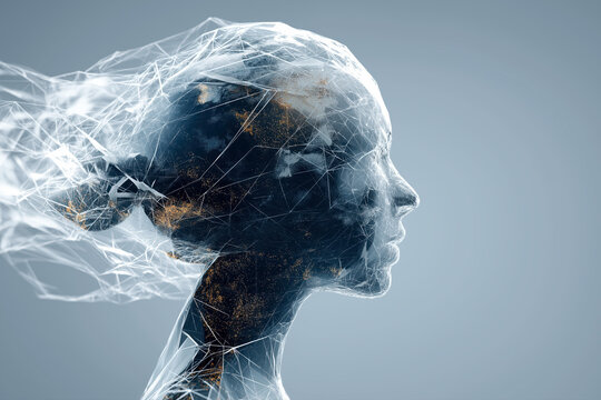 A 3D render of a woman's head from the side made of a network of lines