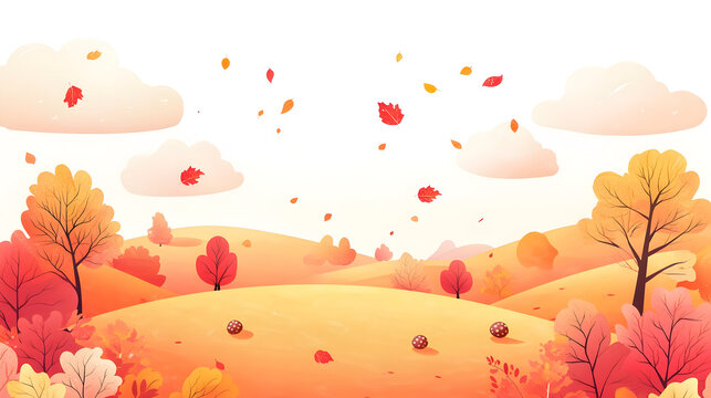 Whimsical autumn landscape with rolling hills and falling leaves for seasonal design