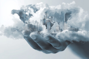A hand holds a cityscape that doubles as a world map, representing urban development and globalization