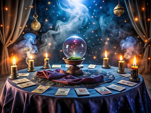 Mystical fortune tellers table with crystal ball, tarot cards, and candles casting a magical glow in the dark