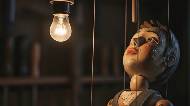 Wooden marionette puppet under lightbulb, paint peeling off. Vintage style puppet show, theater performance, artistic creativity, artificial intelligence concept. Use for childhood nostalgia, past.