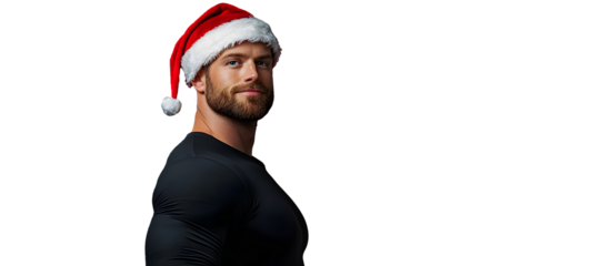 handsome strong man with santa claus hat isolated on red background