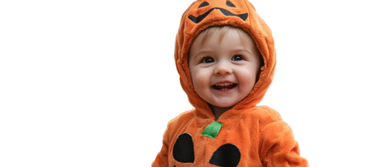 smiling boy in pumpkin costume on Halloween, cut out