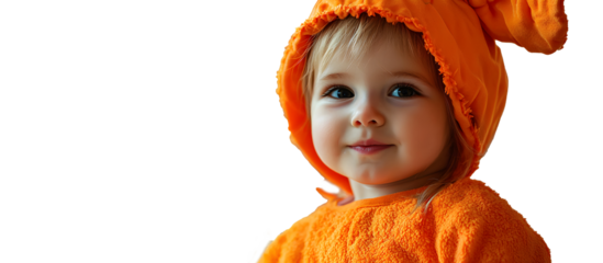smiling boy in pumpkin costume on Halloween, cut out
