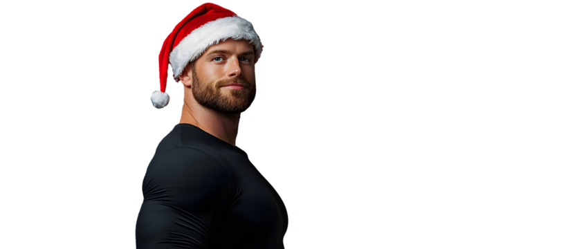 handsome strong man with santa claus hat isolated on red background