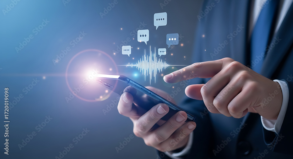 Poster man using smartphone with speech bubbles and sound waves symbolizing voice recognition and communica