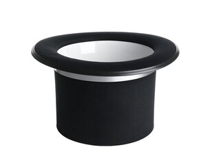 A classic magician's top hat with a sleek black exterior and a glossy white interior, symbolizing magic and illusion.