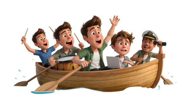 Animated group of excited young men in a boat with oars, drum, and laptop cartoon illustration transparent background isolated on a transparent background