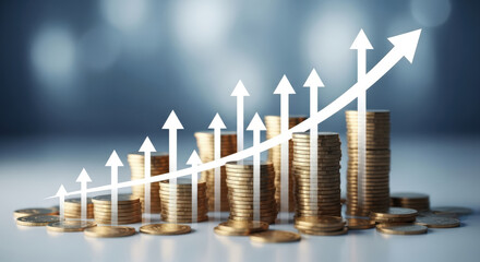 Visualizing Financial Ascent A Conceptual Depiction of Wealth Accumulation, Investment Growth, and Economic Progress Through Stacked Coins and Upward Arrows