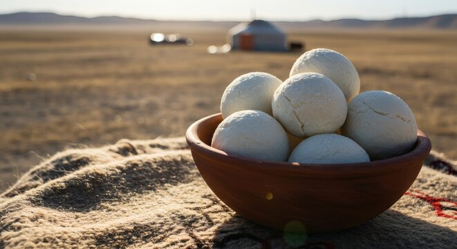 rustic ceramic bowl with authentic central asian qurt on nomadic textile