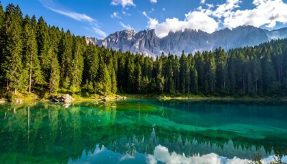 Serene alpine lake nestled in a pine forest
