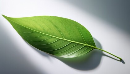 Obraz premium a vibrant green leaf floats gracefully against a serene light background casting a soft shadow symbolizing nature s delicate beauty