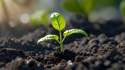 A small bean seedling emerging from dark soil with two fresh green leaves, natural daylight, blurred background.