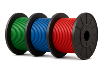 Three spools of electrical wire in green, blue, and red colors, isolated on transparent background