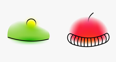 Warm woolen red hat and green beret for cold winter or autumn weather. Creative minimal composition with gradient blurred and line elements. Modern abstract fashion vector illustration.